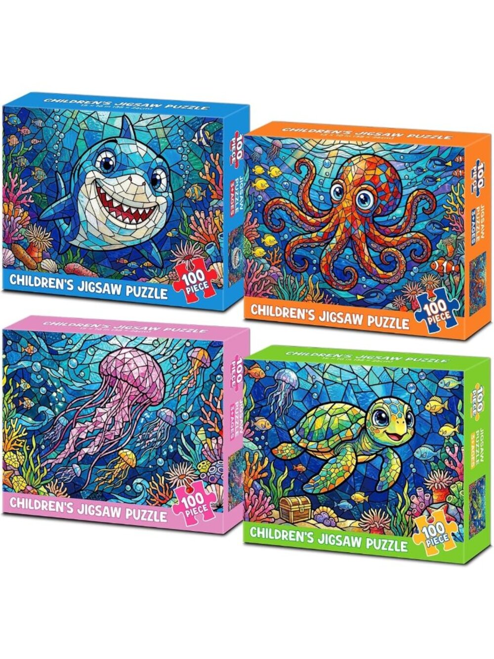 4-Pack 100-Piece Kids Puzzles - Ocean Animals, Jigsaw Toys for Ages 4-10